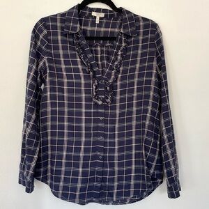 Joie XS Lightweight Cotton Navy Blue Plaid Ruffle Blouse Shirt Top V-neck Fall